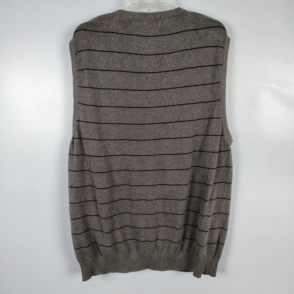 Chaps Mens XL Sweater Vest Grey Blue Striped Cotton Preppy Grandpacore Academia